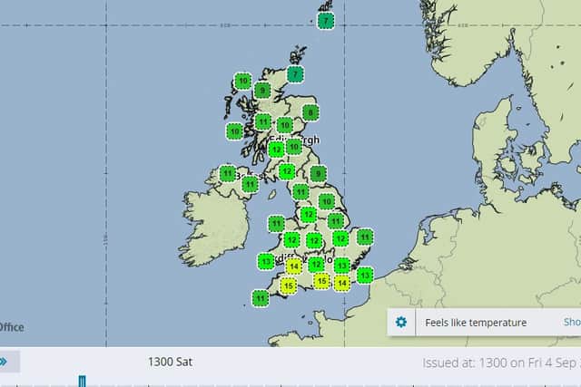Feels like temperature forecast for 1pm on Saturday, 5 September. Image: Met Office