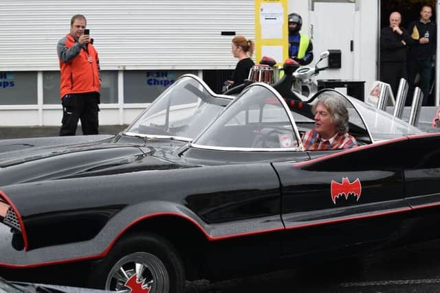 James May in the Batmobile during filming for BBC 2's Cars For The People. Photo: John Baldwin