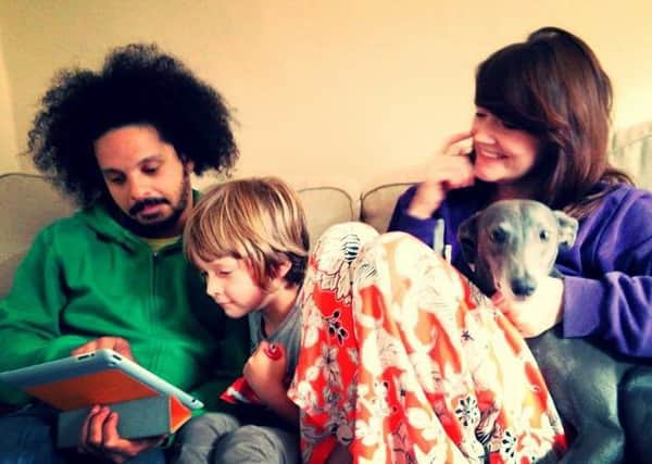 Kathryn Doubleday with her partner Sy Timmis, their son Noah, five, and their blue Lurcher Ben