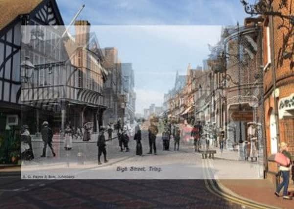 An old image of Tring High Street superimposed onto the modern-day version, as part of the town's new Heritage Trail App