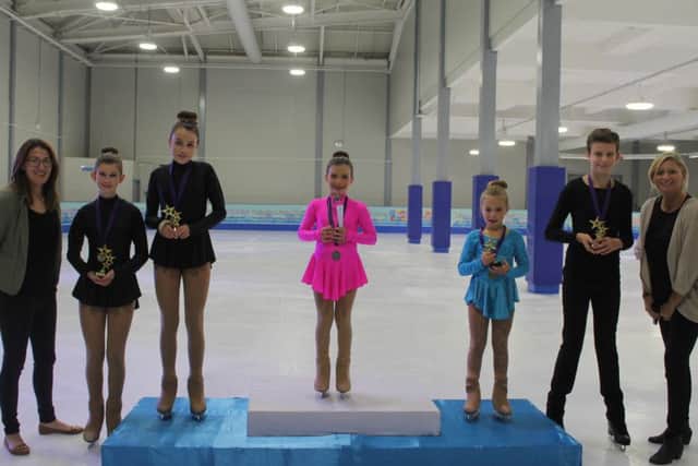 Left to right: Planet Ice rink manager Hannah Norton, runner up Niamh Irvine, second place Lucy Newman, winner Grace Taylor, third place Lucy May Smith, runner up Alex Pickles and general manager Kerstin Engren