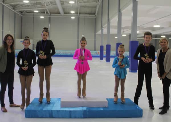 Left to right: Planet Ice rink manager Hannah Norton, runner up Niamh Irvine, second place Lucy Newman, winner Grace Taylor, third place Lucy May Smith, runner up Alex Pickles and general manager Kerstin Engren