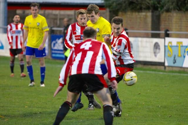 Dan Weeks in action for Berkhamsted against AFC Kempston Rovers. Picture (c) Ray Canham, Frame One Photography