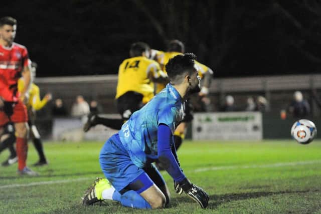 Hemel goalkeeper Jamie Butler looks distraught following Ebbsfleets late winner on Saturday. Picture: Terry Rickeard