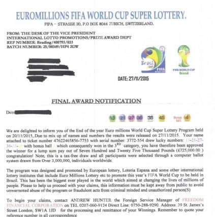 The fake lottery letter being sent to out to unsuspecting homes