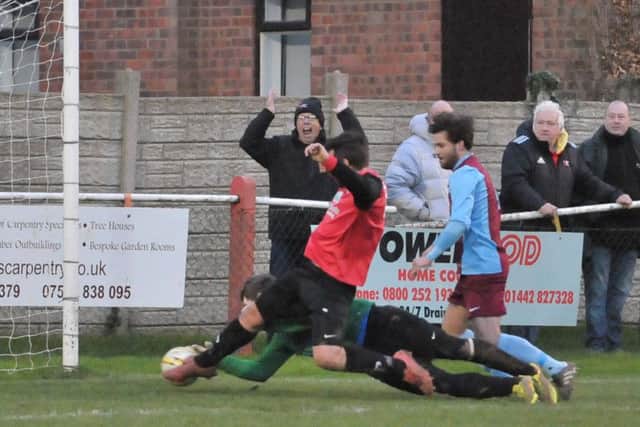 Sam Joliffe bagged Tring's third goal from close range. Picture (c) Colin Sturges
