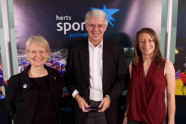Steve Elms was presented with his award by county cllr Teresa Heritage and Dacorum sports development officer Gemma Roake