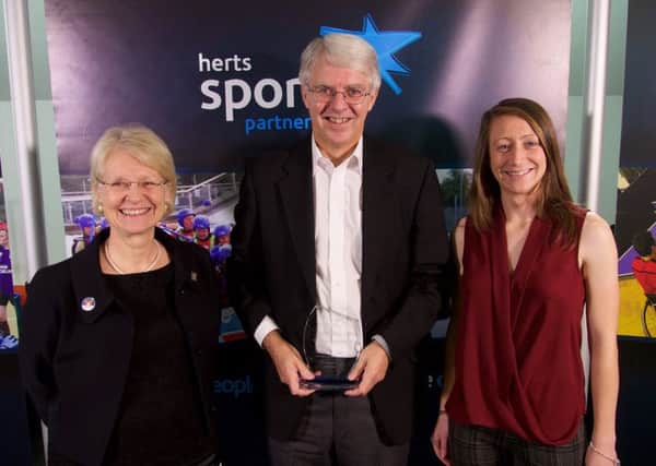 Steve Elms was presented with his award by county cllr Teresa Heritage and Dacorum sports development officer Gemma Roake