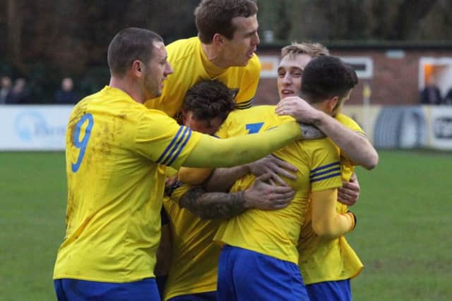 The Berkhamsted players celebrate during their win over Hullbridge. Picture (c) Ray Canham