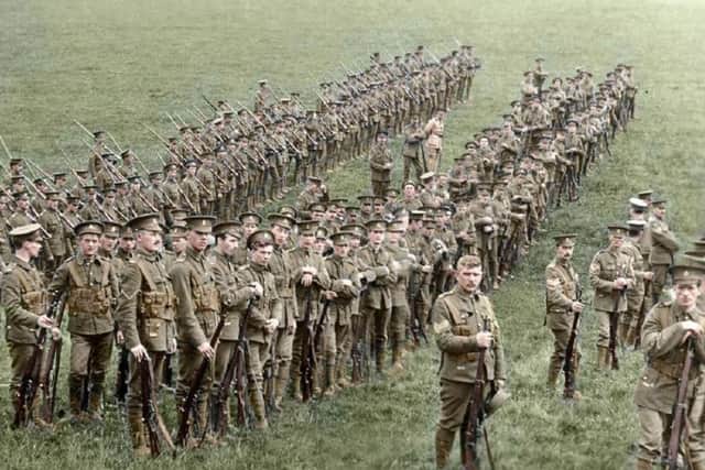 Colourised image of Hertfordshire Regiment men in 1914 PNL-150123-152200001