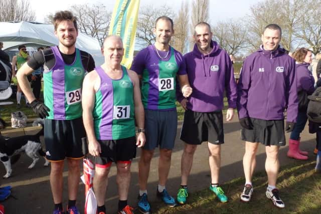 Mike Kazer, Phil Pugh, Richard Brawn, Martin Kerry and Richard Stevens represented Dacorum & Tring AC at the Herts Cross Country Championships. Picture (c) Ant Gomm