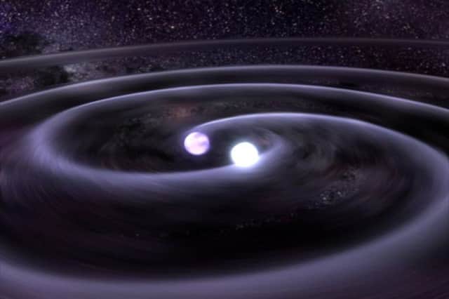 Gravitational wave astronomy, observing ripples in space-time, could be used to study before seen cataclysmic events, such as this artists rendition of a binary-star merger. Photo: NASA.