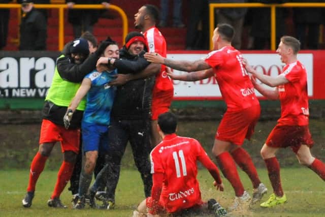 There were wild scenes at Vauxhall Road after Hemel goalkeeper Jamie Butler scored a stoppage time equaliser against Sutton. Picture (c) Terry Rickeard