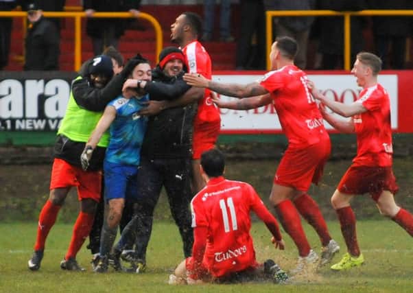 There were wild scenes at Vauxhall Road after Hemel goalkeeper Jamie Butler scored a stoppage time equaliser against Sutton. Picture (c) Terry Rickeard
