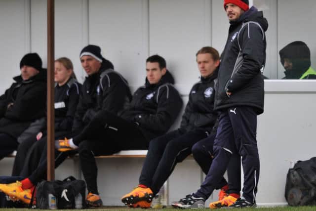 Hemel manager Dean Brennan watches on. Picture (c) Terry Rickeard