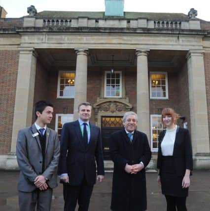 From left, Lian Chan, head boy, James Shapland head teacher, John Bercow and Ellie Dibben, head girl, at Ashlyns School, Berkhamsted, on Friday. PNL-160203-121530001