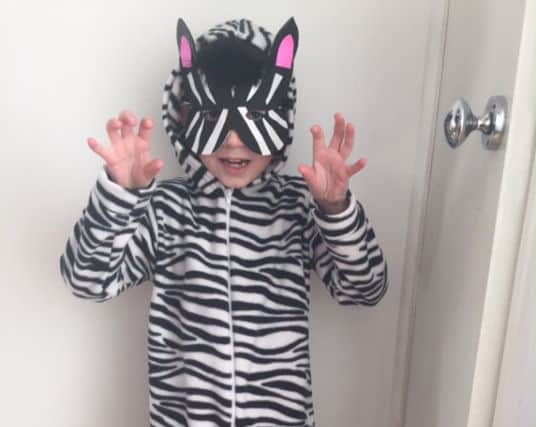 Dylan Redhead, seven, as a zebra from The Butterfly Lion book PNL-160403-173828001