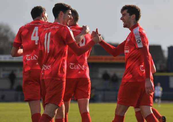James Potton, right, is congratulated by Graeme Montgomery after netting Hemel's opener. Picture (c) Terry Rickeard