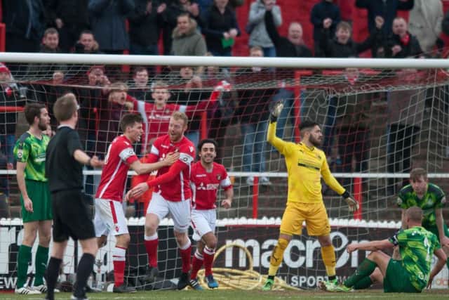 Ebbsfleet United celebrate after netting against Hemel. Picture (c) Terry Rickeard