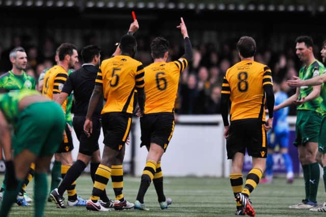 Adam Bailey-Dennis was sent off for the Tudors. Picture (c) Terry Rickeard