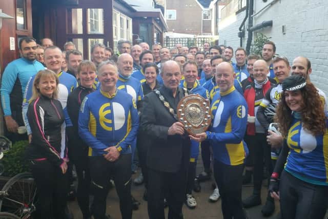 Berkhamsted Mayor, councillor Tom Ritchie, presented the Harp Hilly Hundred Shield to Berkhamsted Cycling Club Sportive Officer Neil Barnes