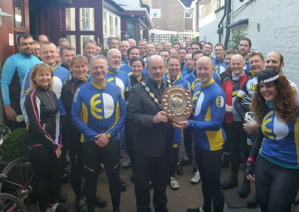 Berkhamsted Mayor, councillor Tom Ritchie, presented the Harp Hilly Hundred Shield to Berkhamsted Cycling Club Sportive Officer Neil Barnes