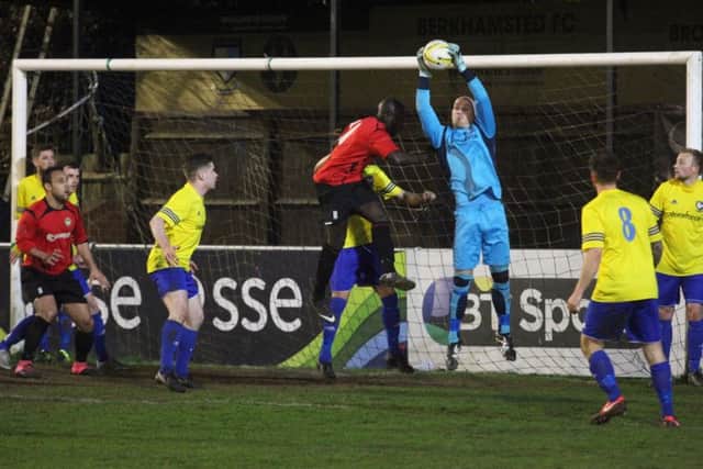 Match action from Berkhamsted's victory over Hertford Town. Picture (c) Ray Canham