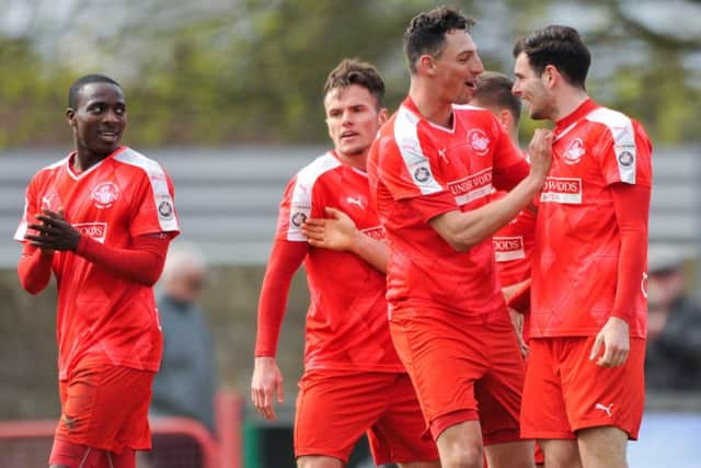 The Hemel players celebrate Graeme Montgomery's goal. Picture (c) Terry Rickeard