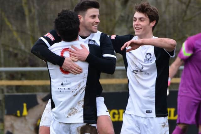 David Hutton celebrates after scoring Kings Langley's second goal. Picture (c) Chris Riddell