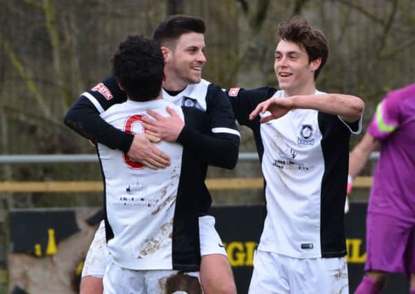 David Hutton celebrates after scoring Kings Langley's second goal. Picture (c) Chris Riddell