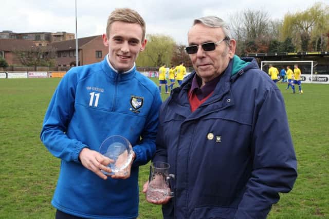 Josh Chamberlain received awards for his 250th first team appearance and 100th goal. Picture (c) Ray Canham