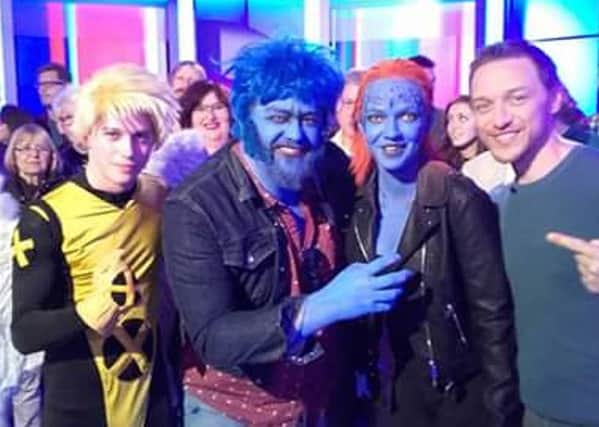 Damian Hammond, second left, dressed as X-Men's The Beast on The One Show with actor James McAvoy, far right