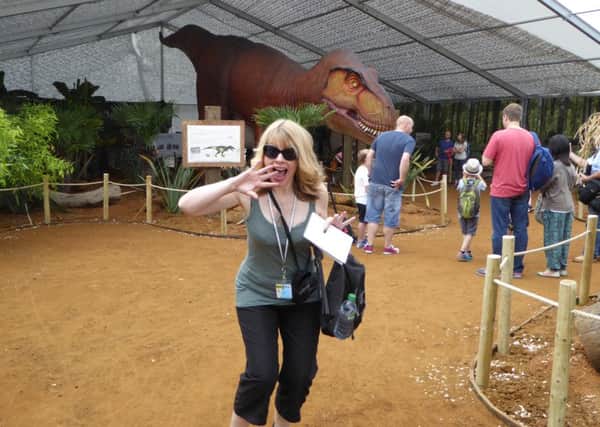 Reporter Heather Jan Brunt at the Zoorassic Park exhibition at Whipsnade Zoo, summer 2016.  Picture copyright Heather Jan Brunt