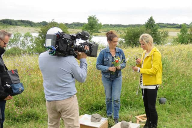 Countryfile presenter Naomi Wilkinson, right, and artist Rachel Dein are filmed at College Lake