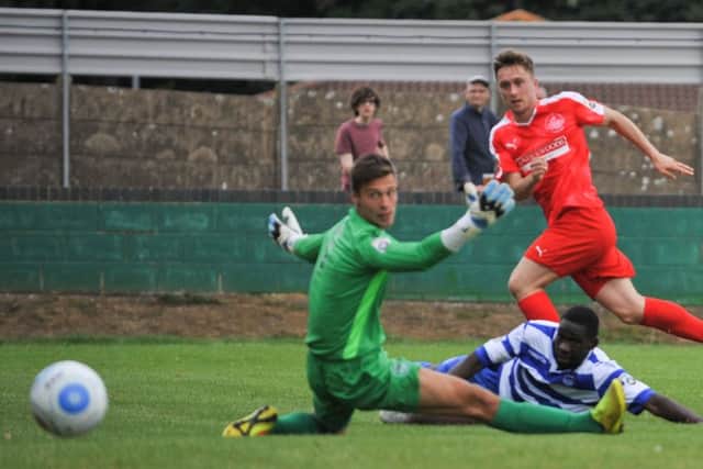 Jake Robinson scores for Hemel. Image: Terry Rickeard.