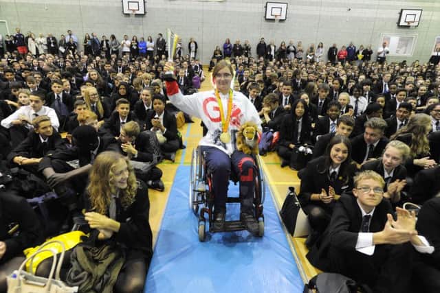 Jess Stretton at morning assembly at Longdean School, Hemel Hempstead.
