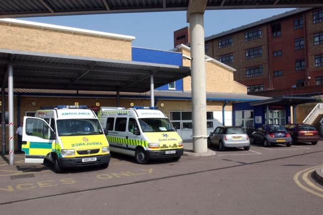 Ambulance waiting at Hemel Hempstead Hospital in 2004 when it was a full hospital with an A&E