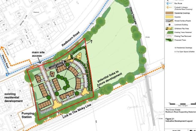 Plan for Redbourn Road development fron Crown EstateNEW HOUSING PROPOSALS AT REDBOURN ROAD, HEMEL HEMPSTEADAround thirty three new dwellings could be built to the north east edge of Hemel Hempstead along from Hunters Oak Estate and the Pump House, in plans submitted this week by The Crown Estate, to the planning authority, Dacorum Borough Council.