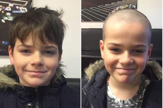 BEFORE AND AFTER: Ryley Brimson braved the shave