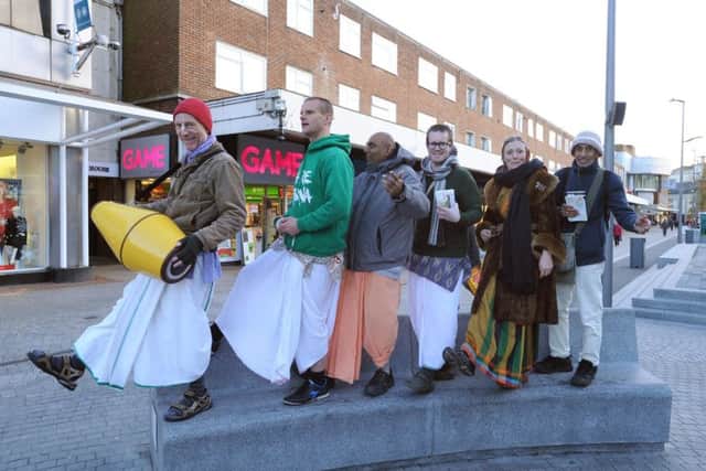 Hare Krishna devotees parading in the Marlowes, Hemel Hempstead on Friday.