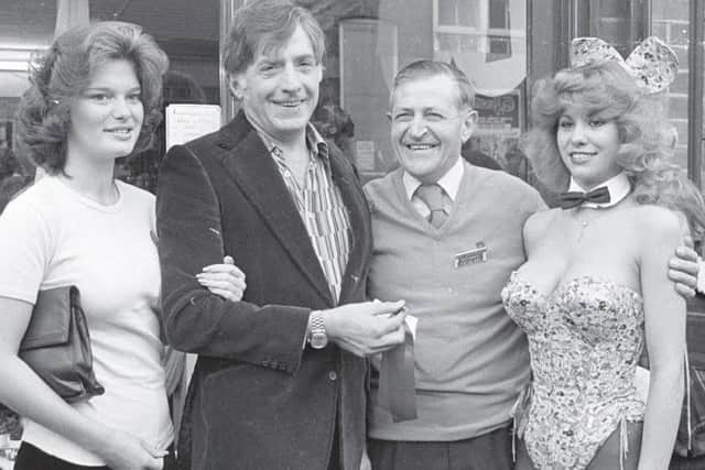 Victor Lownes (second from left) opens a new Save the Children charity shop in Tring High Street in 1978
