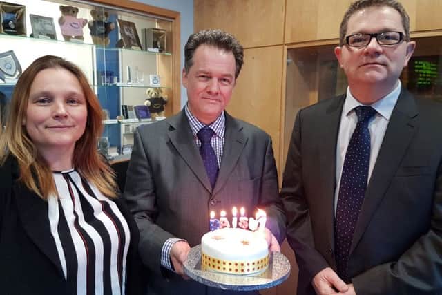 DCI Ruth Dodsworth, PCC David Lloyd, and Superintendent Paul Maghie, Head of Safeguarding for Hertfordshire Constabulary. They are pictured celebrating the first anniversary of DAISU.