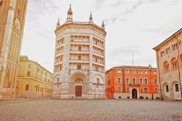 Parma Cathedral with the Baptistery's leaning tower.