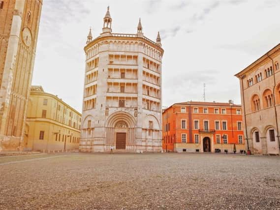 Parma Cathedral with the Baptistery's leaning tower.