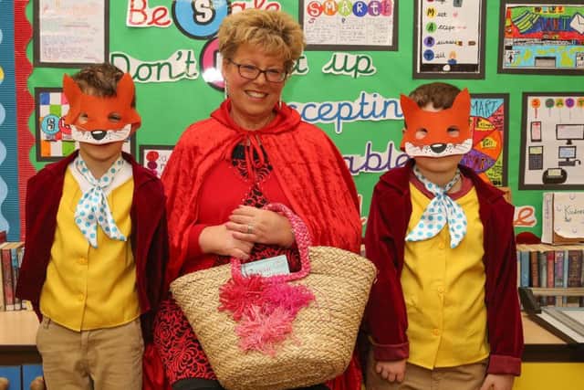 World Book Day Bishop Wood School Tring, Owen Abslom, headteacher Mrs Hardman and Oliver Foskett
