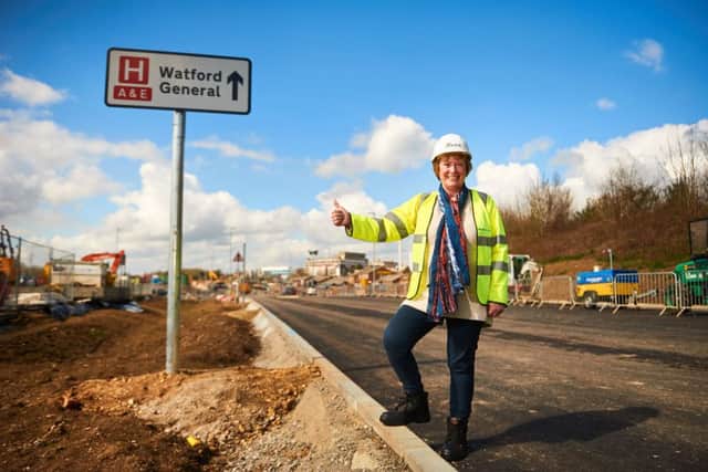 © Licensed to simonjacobs.com. 08.04.16 Watford, UK. Watford's elected mayor, Dorothy Thornhill visits the site of the new Health Campus link road.
Photo credit : Simon Jacobs