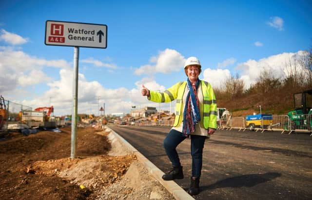 © Licensed to simonjacobs.com. 08.04.16 Watford, UK. Watford's elected mayor, Dorothy Thornhill visits the site of the new Health Campus link road.
Photo credit : Simon Jacobs