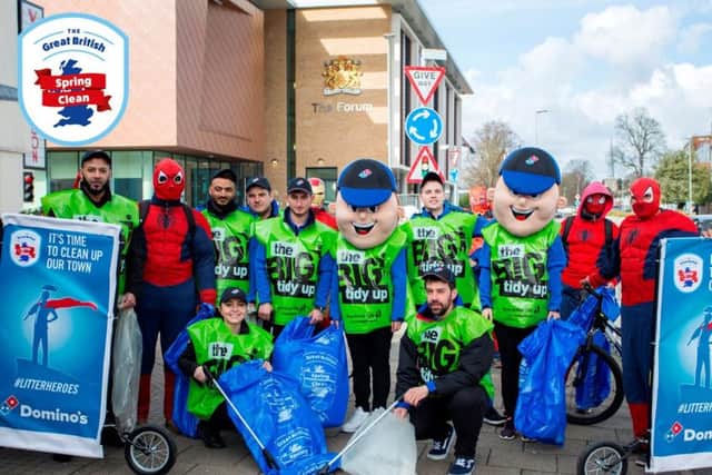 Domino's staff picked up litter outside The Forum in Hemel Hempstead