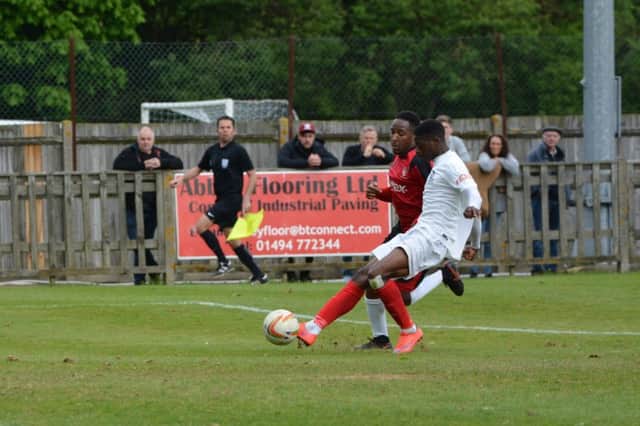 Jerry Amoo shoots to score the second Kings goal against Hayes & Yeading on Easter Monday