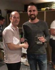 Tring Athletics players player of the season Sam Joliffe with boss and former Watford player Ian Richardson.